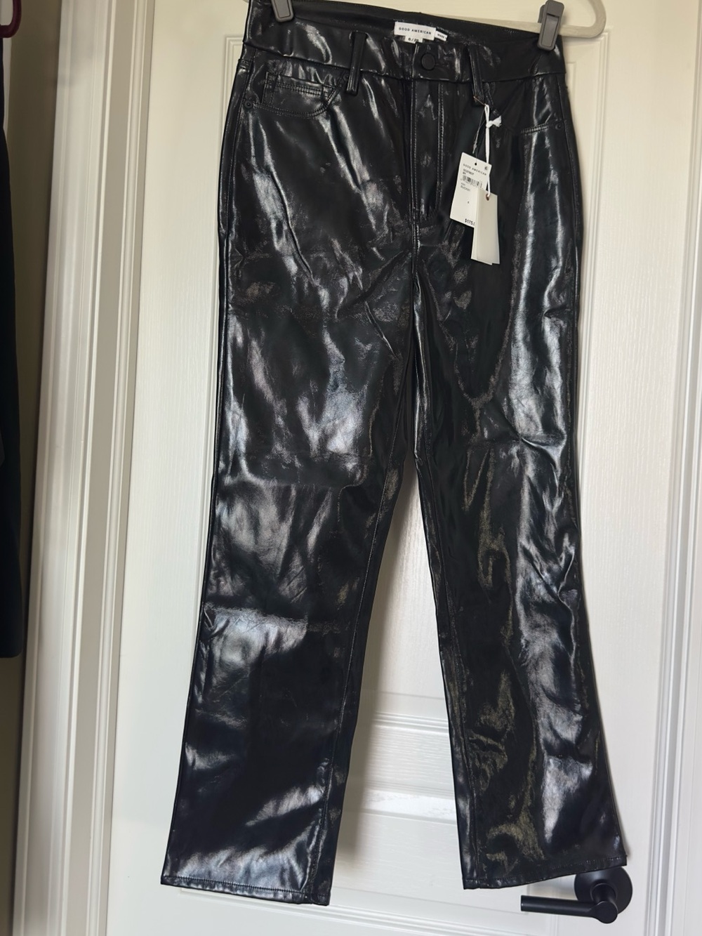 Good American Black Shiny Straight Leg pants